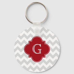 Lt Grått Wht Chevron Cranberry Quatrefoil Monogram Nyckelring