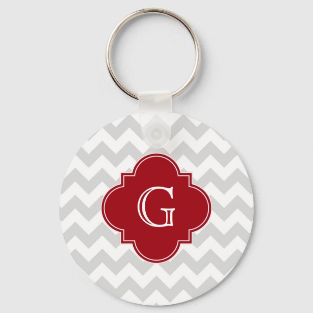 Lt Grått Wht Chevron Cranberry Quatrefoil Monogram Nyckelring (Framsida)