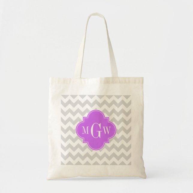 Lt Grått Wht Chevron Lilac Quatrefoil 3 Monogram Tygkasse (Framsidan)