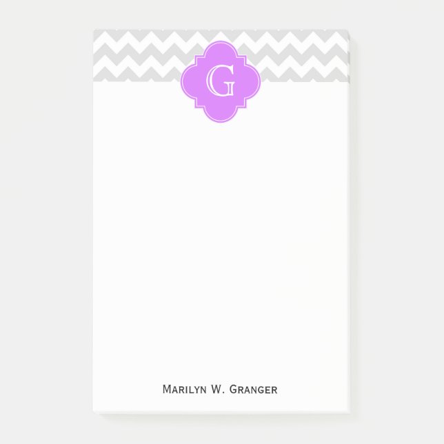 Lt Grått Wht Chevron Lilac Quatrefoil Monogram Post-it Block (Framsida)