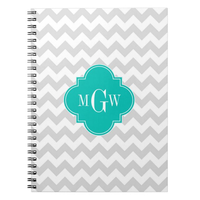 Lt Grått Wht Chevron Teal Quatrefoil 3 Monogram Anteckningsbok (Framsidan)
