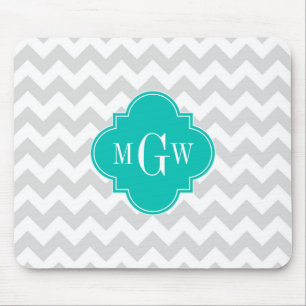 Lt Grått Wht Chevron Teal Quatrefoil 3 Monogram Musmatta