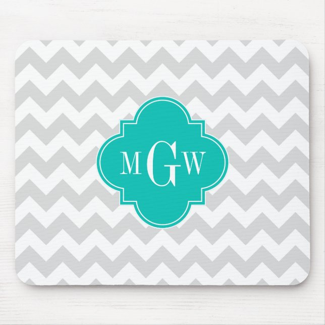 Lt Grått Wht Chevron Teal Quatrefoil 3 Monogram Musmatta (Framsidan)