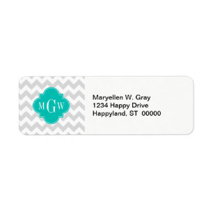 Lt Grått Wht Chevron Teal Quatrefoil 3 Monogram Returadress Etikett