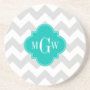 Lt Grått Wht Chevron Teal Quatrefoil 3 Monogram Underlägg Sandsten