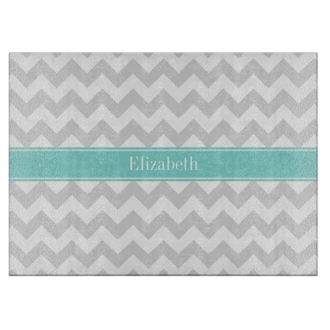 Lt Grått Wht Chevron ZigZag Aqua Namn Monogram (Framsidan)