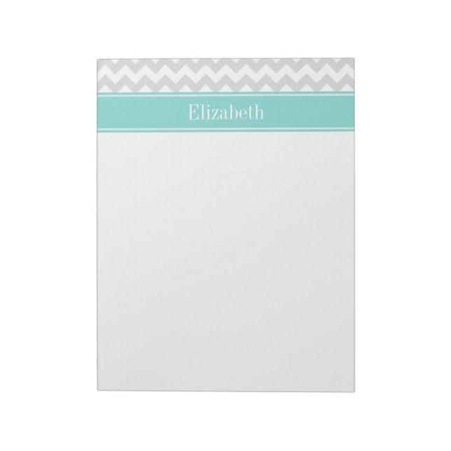 Lt Grått Wht Chevron ZigZag Aqua Namn Monogram Anteckningsblock (Roterad)