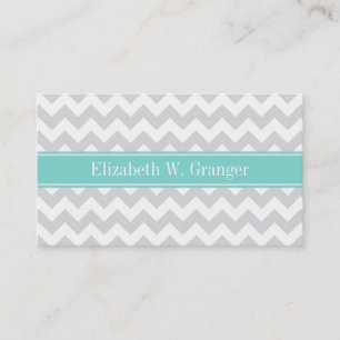 Lt Grått Wht Chevron ZigZag Aqua Namn Monogram Visitkort