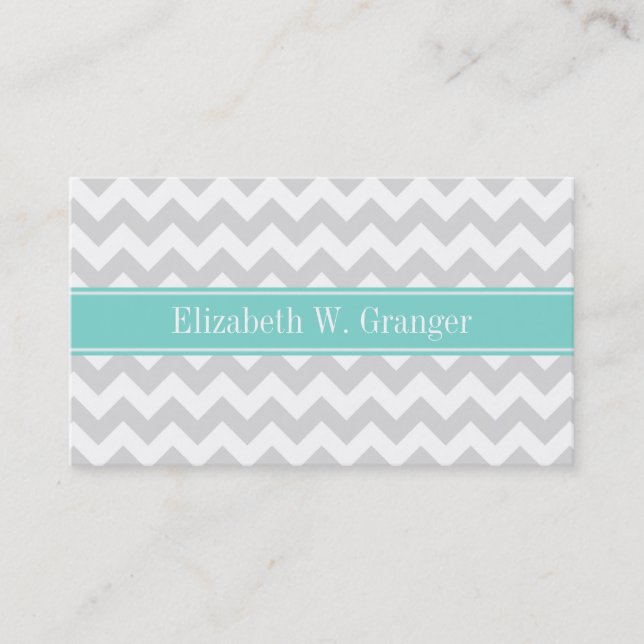 Lt Grått Wht Chevron ZigZag Aqua Namn Monogram Visitkort (Framsida)