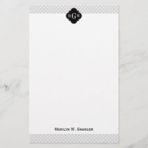 Lt Grått Wht Polka dots Black Quatrefoil 3 Monogra Brevpapper