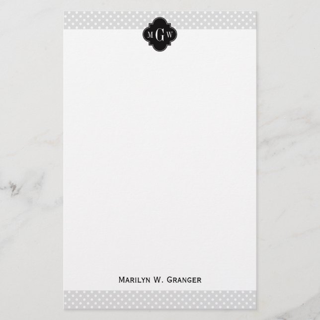 Lt Grått Wht Polka dots Black Quatrefoil 3 Monogra Brevpapper (Framsida)