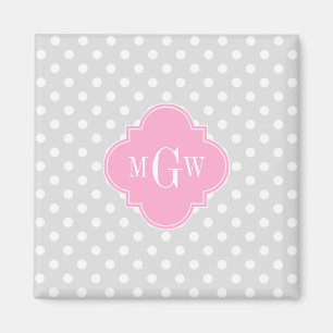 Lt Grått Wht Polka dots Rosa Quatrefoil 3 Monogram Magnet