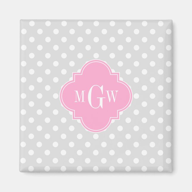 Lt Grått Wht Polka dots Rosa Quatrefoil 3 Monogram Magnet (Framsidan)