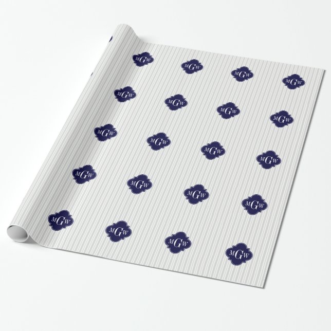 Lt Grått Wht UE Rand flottör Quatrefoil 3 Monogram Presentpapper (Utrullad)