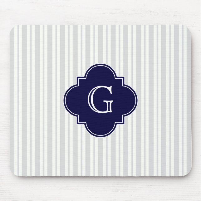 Lt Grått Wht Uneven Rand Navy Quatrefoil Monogram Musmatta (Framsidan)