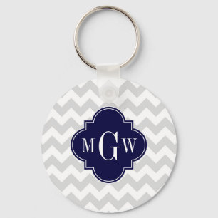 Lt Grått Wt Chevron Navy Blue Quatrefoil 3 Monogra Nyckelring