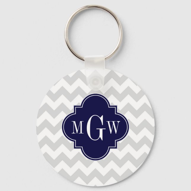 Lt Grått Wt Chevron Navy Blue Quatrefoil 3 Monogra Nyckelring (Framsida)