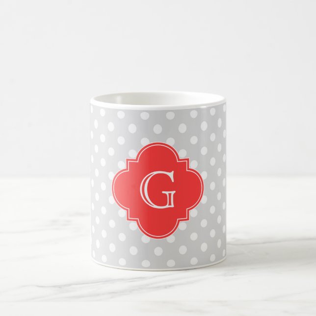 Lt Grått Wt Polka Dot Coral Red Quatrefoil Monogra Kaffemugg (Center)