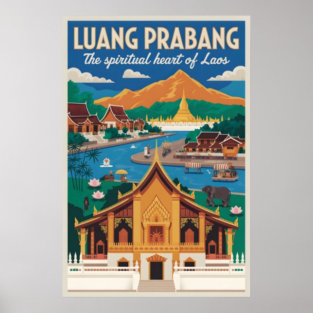 Luang Prabang Laos Retro Resemålning Poster Konst (Framsidan)