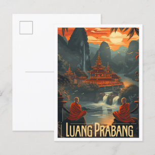 Luang Prabang Laos Vintage Art Travel Illustration Vykort