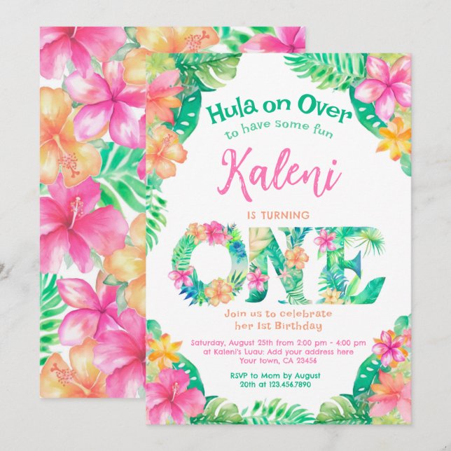 Luau 1:a födelsedagen inbjudningar (Fram/baksida)