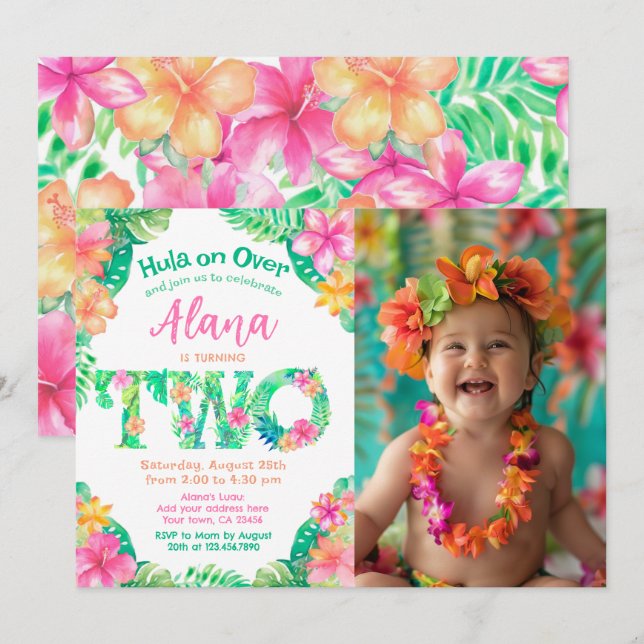 Luau 2:a födelsedagen inbjudningar (Fram/baksida)