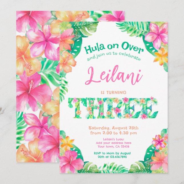 Luau 3:e födelsedagen inbjudningar (Fram/baksida)