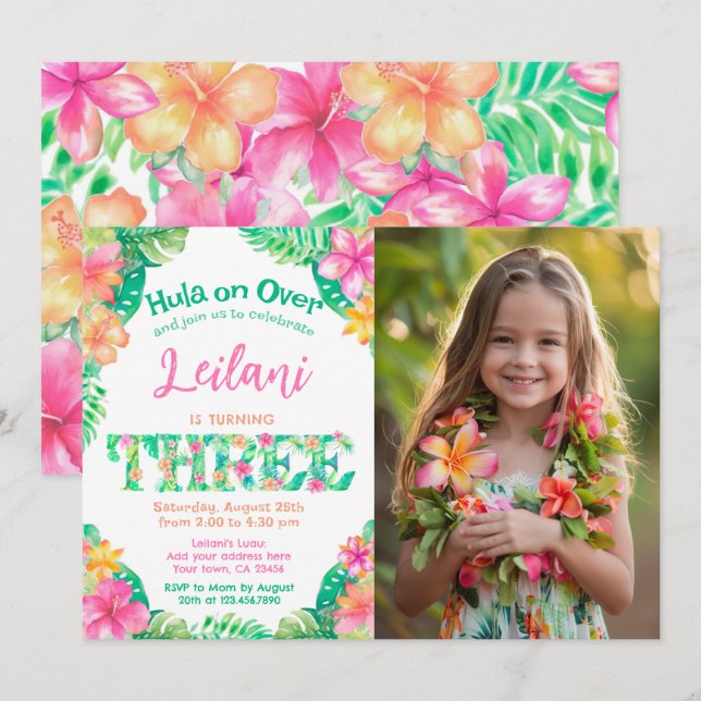 Luau 3:e födelsedagen inbjudningar (Fram/baksida)