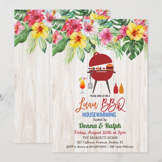 Luau Aloha BBQ Tropical Houseuppvärmningsinbjudan Inbjudningar (Fram/baksida)