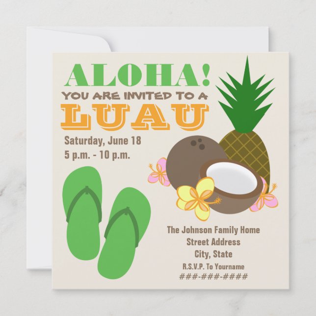 Luau Aloha - Pineapple Flinflip flops Coconut Hibi Inbjudningar (Framsida)