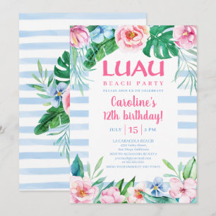Luau Beach Party Tropical Blommigt Hawaiian Birthd Inbjudningar