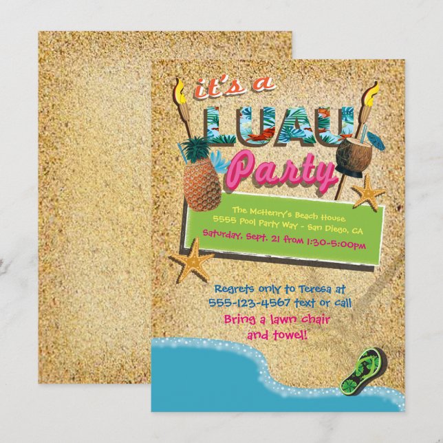 Luau Beach Tiki-inbjudningar till tropiska partier Inbjudningar (Fram/baksida)