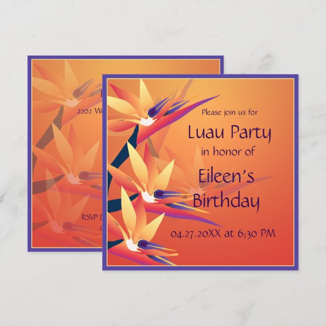 Luau Birthday Bird of Paradise Tropical Party Inbjudningar (Fram/baksida)