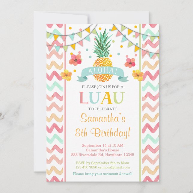 Luau Birthday-inbjudan, ananasinbjudan Inbjudningar (Framsida)