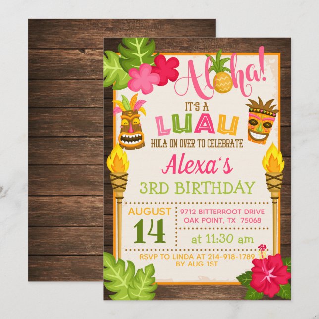 Luau Birthday-inbjudan Inbjudningar (Fram/baksida)