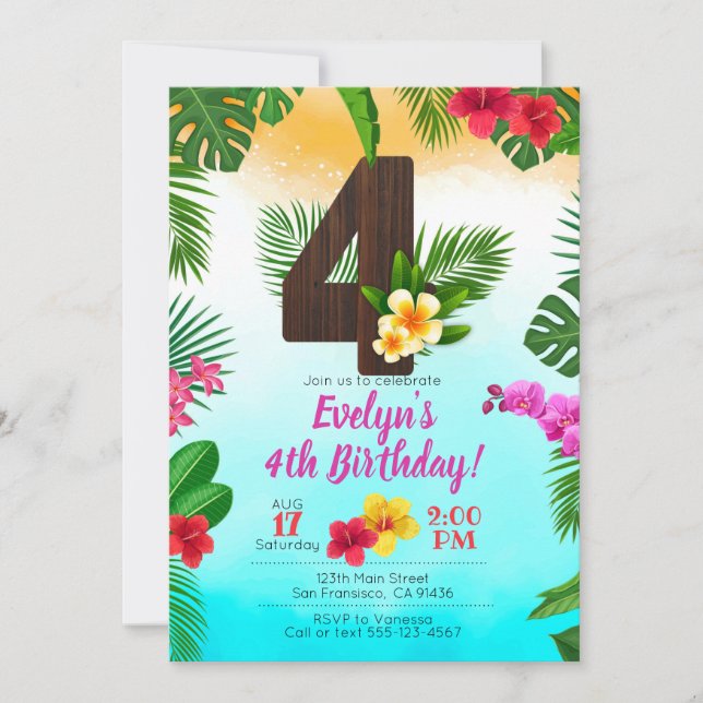 Luau Birthday, inbjudan Luau Party 4e födelsedagen (Framsida)