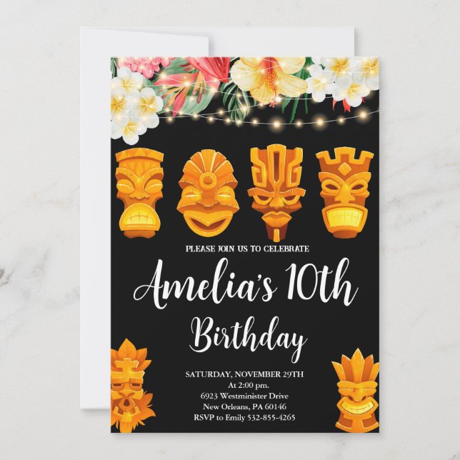 Luau Birthday, Tiki Mask Party, Aloha, Tropical Inbjudningar (Framsida)