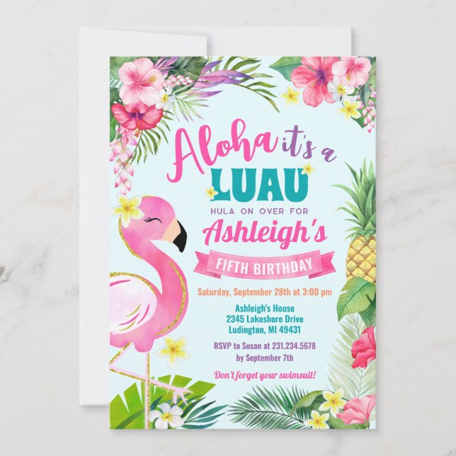 Luau Birthday Tropical Sommarinbjudan Inbjudningar (Framsida)