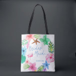 Luau destination bröllopsbidesmaid blommigt tropis tygkasse<br><div class="desc">Rosa blue and grönt colorful Hawaiian hibiscus-krans,  en rosa vattenfärgsflamingo-fågel och en stjärnfisk skapar en söt brudesmaid till säcken för en sommarstrand/havsstrand/aloha luau-destinationsbröllop med akvblått kalligrafi-skript och redigerbar text. Anpassa den med dina detaljer!</div>