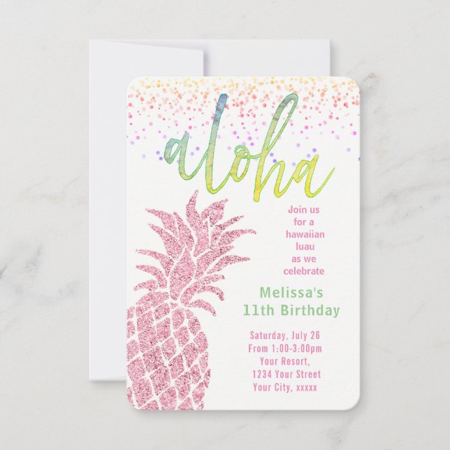 luau faux glitter rosa pineapple sommarfödelsedag inbjudningar (Framsida)