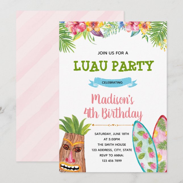 Luau-fest inbjudan (Fram/baksida)
