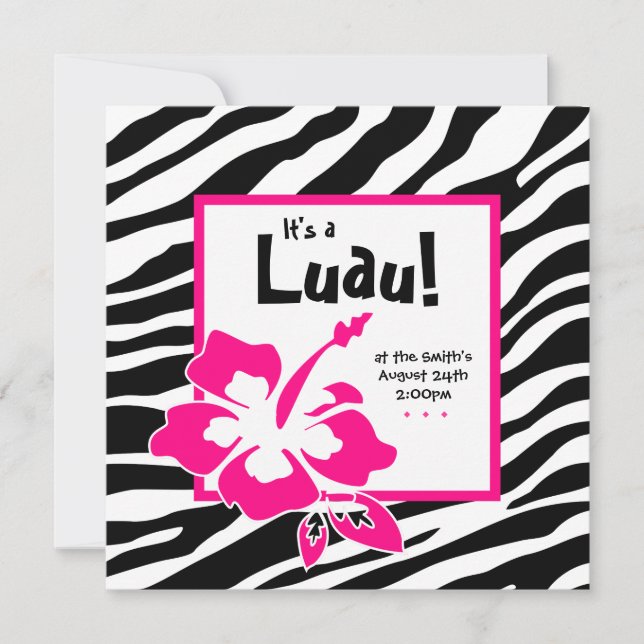 Luau-fest inbjudan Hibiskus Zebra Rosa Svart (Framsida)
