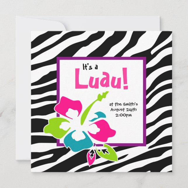 Luau-fest Invitation Hibiskus Zebra Rosa Blå Lim Inbjudningar (Framsida)