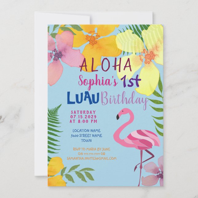 Luau Flickas 1-års inbjudan (Framsida)