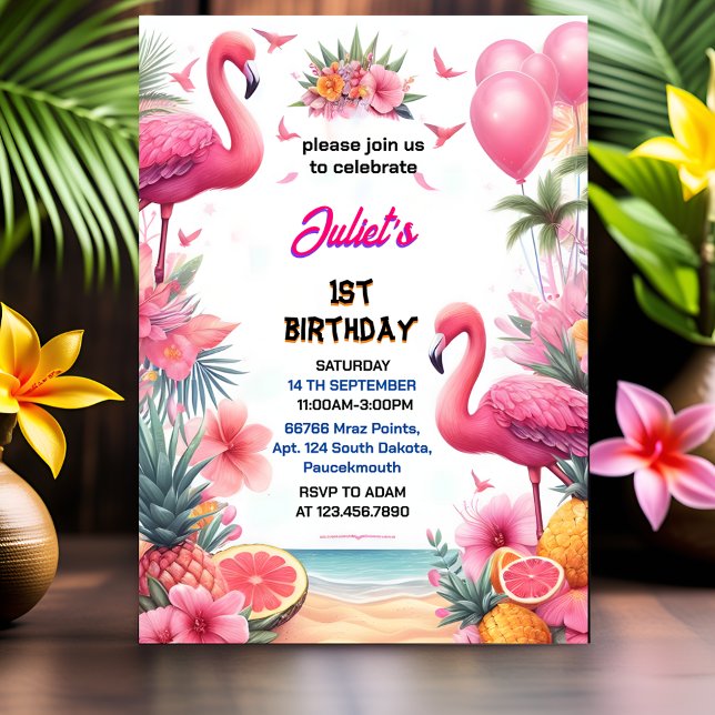 Luau Fly Rosa Flamingo Bassäng Party 1:a årsdagen Inbjudningar (Skapare uppladdad)