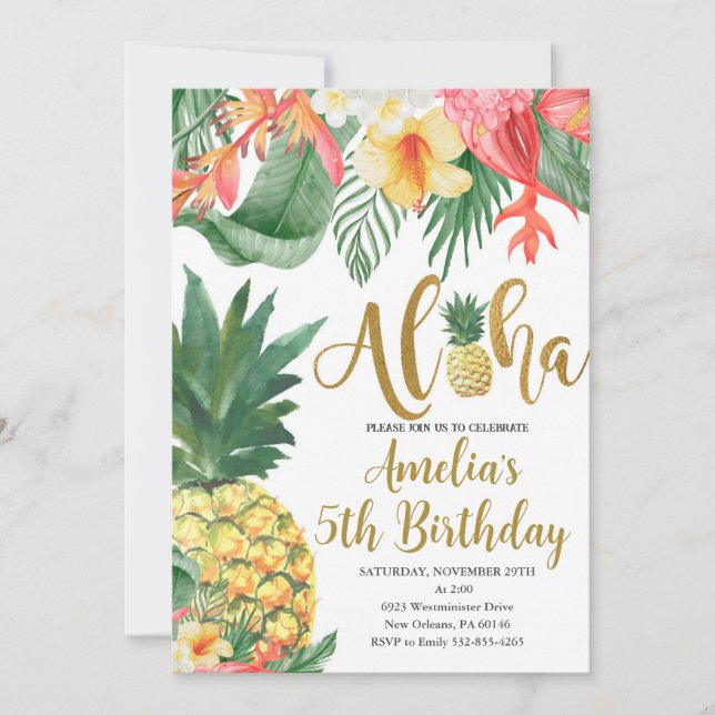 Luau-födelsedag, Tropisk födelsedagsfest, Aloha Inbjudningar (Framsida)