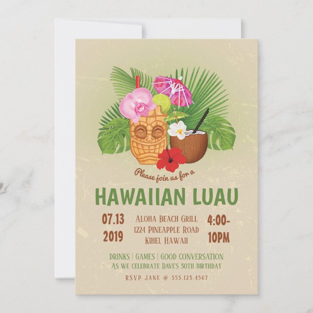 Luau-födelsedagsfest Hawaiian Tiki-inbjudan Inbjudningar (Framsida)