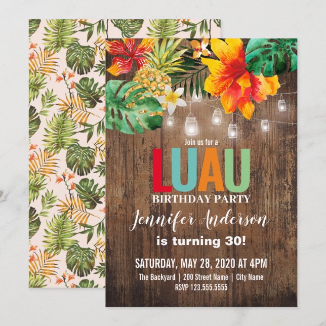 Luau Födelsedagsfest inbjudan (Fram/baksida)