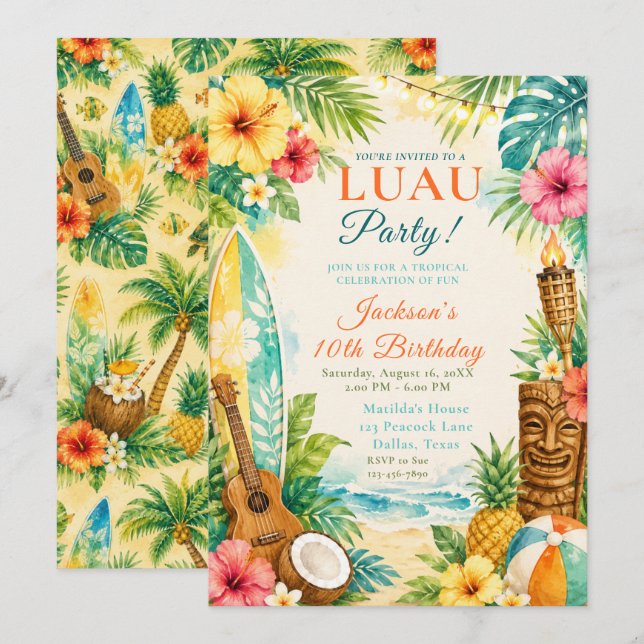 Luau Födelsedagsfest Inbjudningar (Fram/baksida)