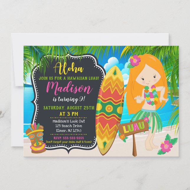 Luau-födelsedagsinbjudan Aloha-inbjudningar Inbjudningar (Framsida)